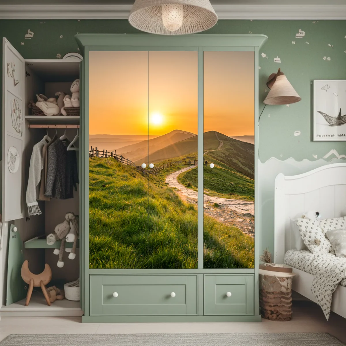 Schrankaufkleber sonnenaufgang über grünen hügeln Schrankaufkleber sonnenaufgang über grünen hügeln