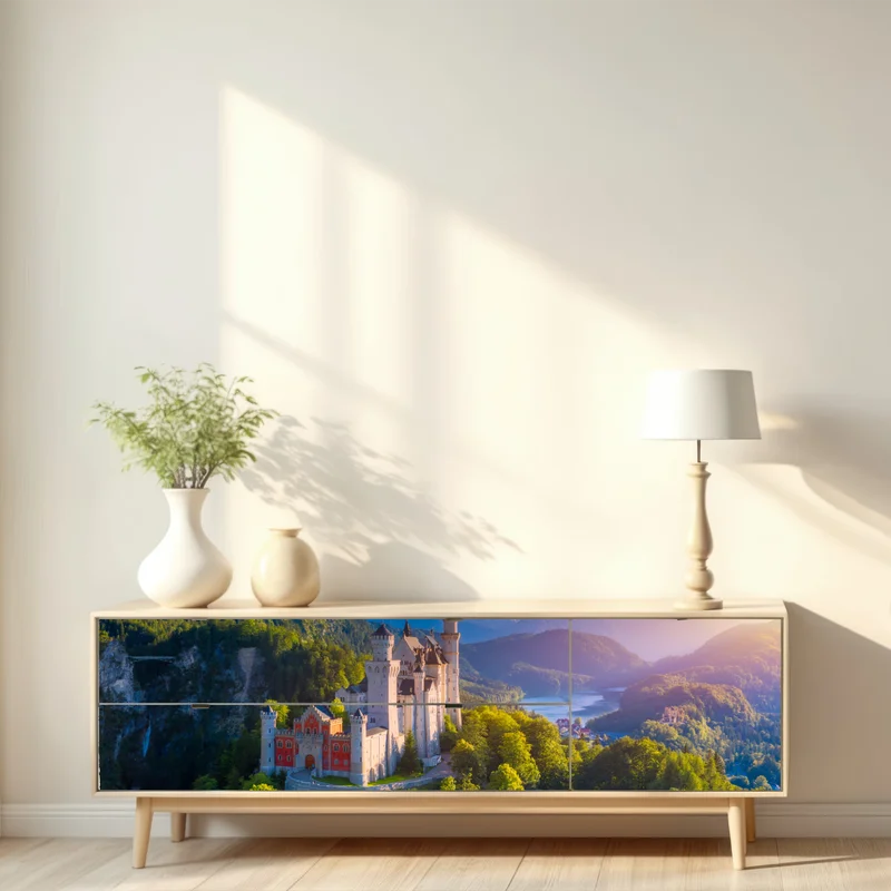 Repositionierbarer Aufkleber schloss Neuschwanstein bei sonnenuntergang