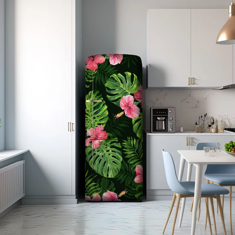 Kühlschrankaufkleber tropisches monstera- und hibiskus-motiv