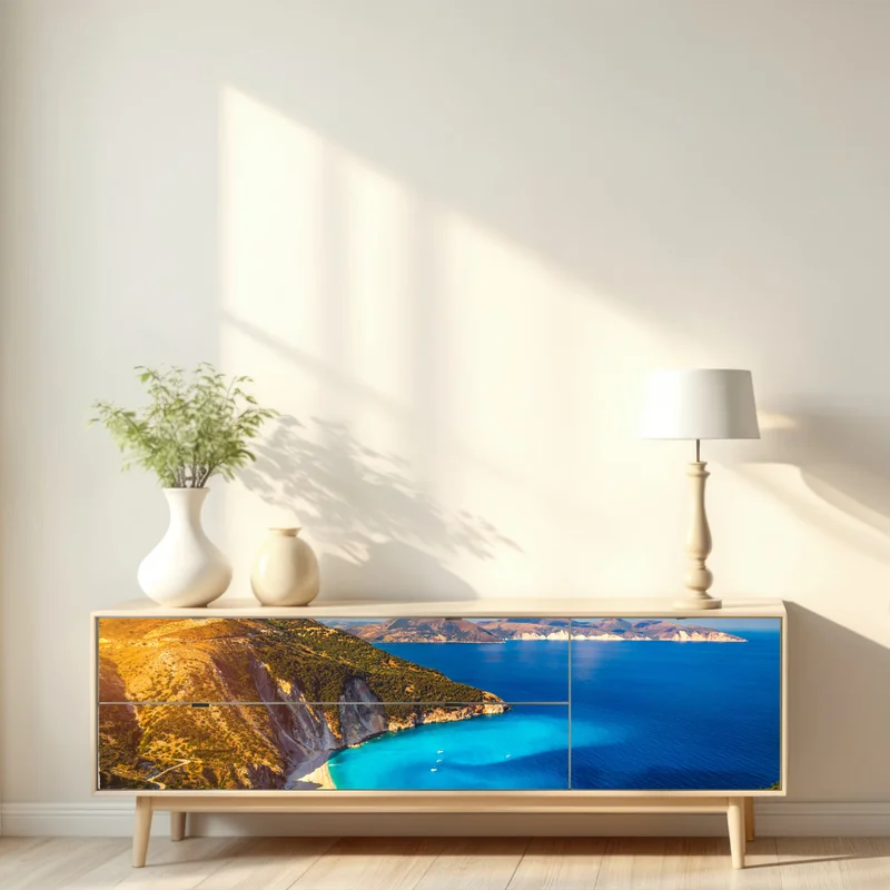 Repositionierbarer Aufkleber sonniges panorama der Myrtos-bucht, Kefalonia Repositionierbarer Aufkleber sonniges panorama der Myrtos-bucht, Kefalonia