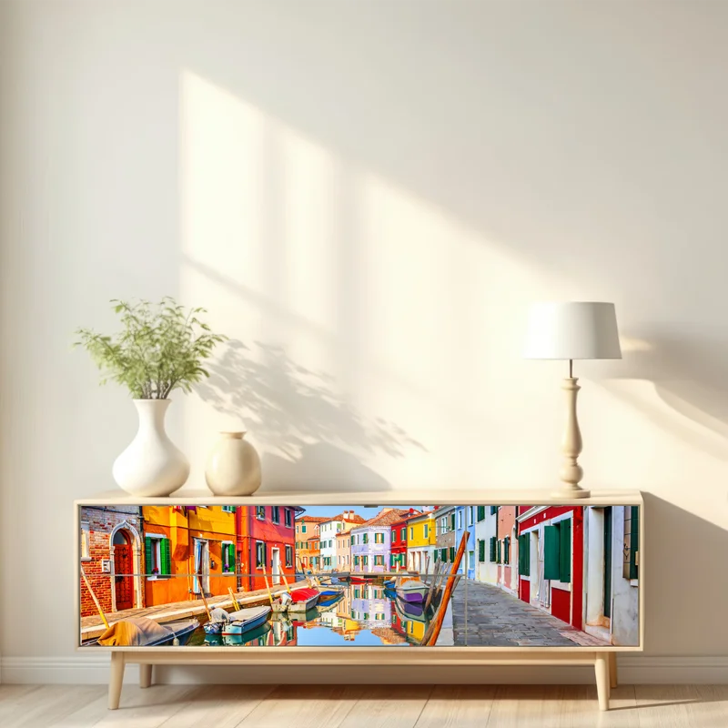 Repositionierbarer Aufkleber bunte kanalhäuser in Burano