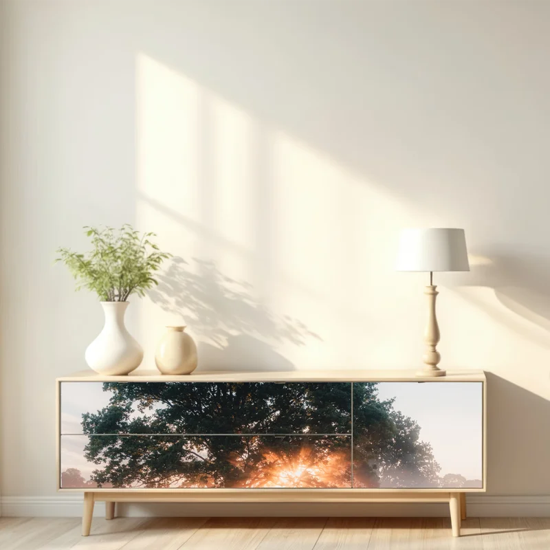 Repositionierbarer Aufkleber nebeliger sonnenaufgang am eichenbaum