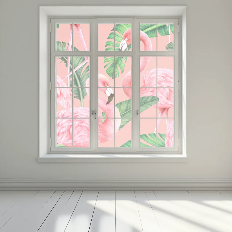 Fensteraufkleber rosa flamingo muster mit tropischen blättern