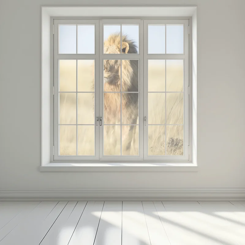 Naklejka na okno majestatyczny lew na sawannie