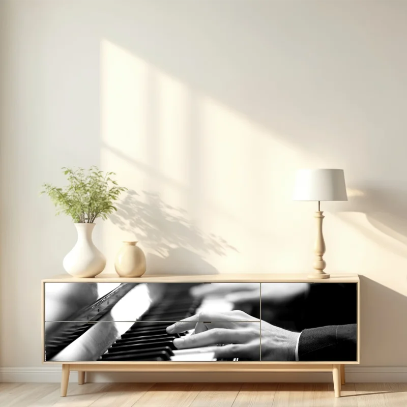 Repositionierbarer Aufkleber intime hände auf klaviertasten in monochrom Repositionierbarer Aufkleber intime hände auf klaviertasten in monochrom