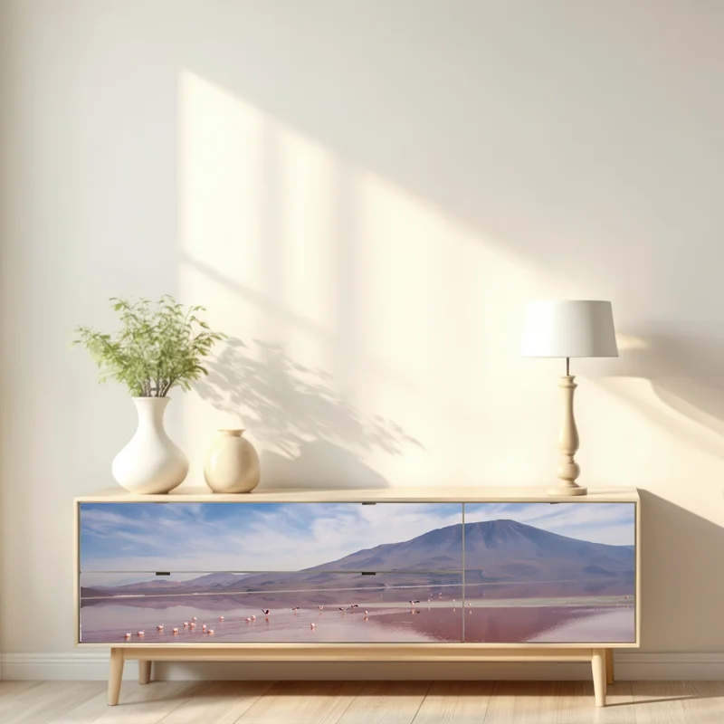 Repositionierbarer Aufkleber rosa lagune mit flamingos und bergspiegelung