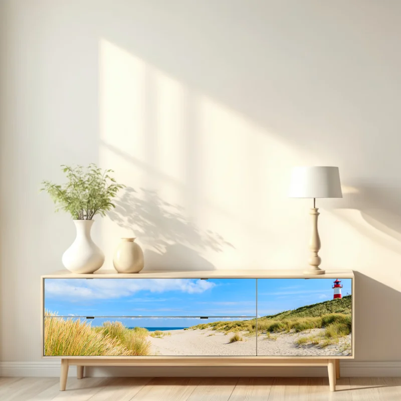 Repositionierbarer Aufkleber ruhige dünen Sylt mit leuchtturm