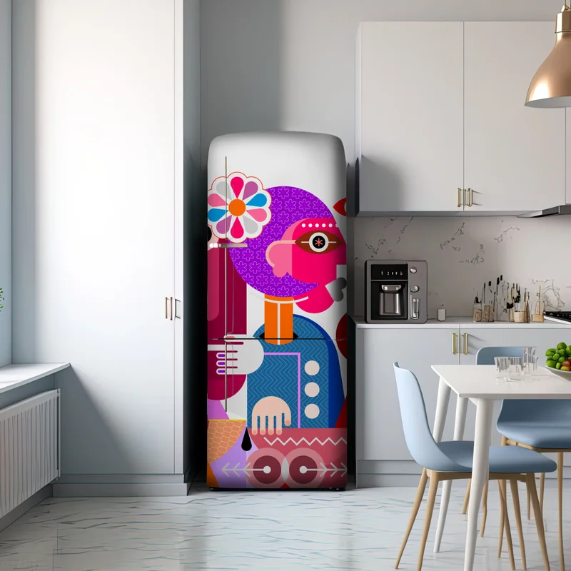 Kühlschrankaufkleber mann mit regenbogen reitet geometrischen vogel Kühlschrankaufkleber mann mit regenbogen reitet geometrischen vogel