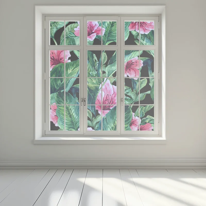 Fensteraufkleber rosa aquarellblumen auf schwarzem hintergrund