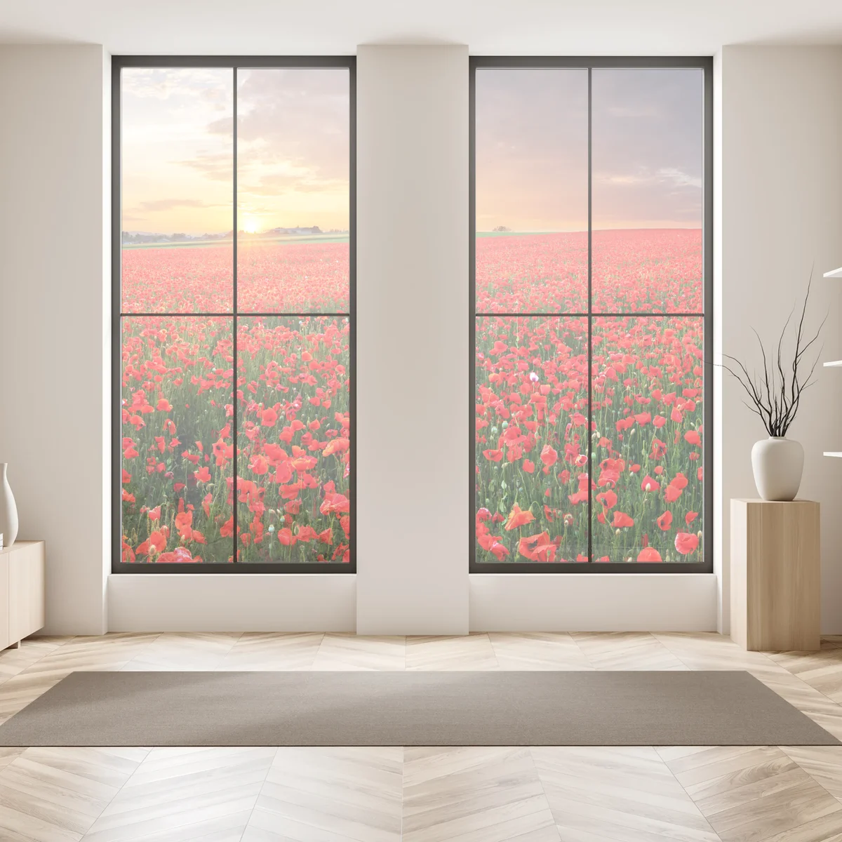 Fensteraufkleber mohnfeld im sonnenuntergang Fensteraufkleber mohnfeld im sonnenuntergang