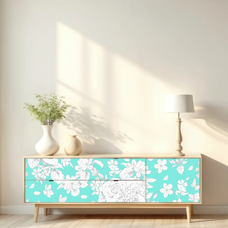 Repositionierbarer Aufkleber türkis floral muster mit blumen