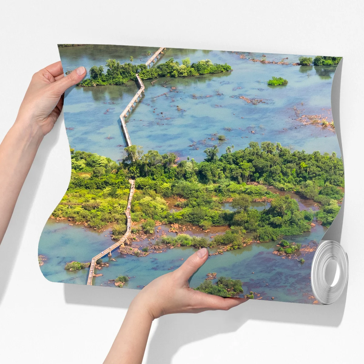 Fototapeta widok z lotu ptaka tropikalne wodospady z tęczą Fototapeta widok z lotu ptaka tropikalne wodospady z tęczą