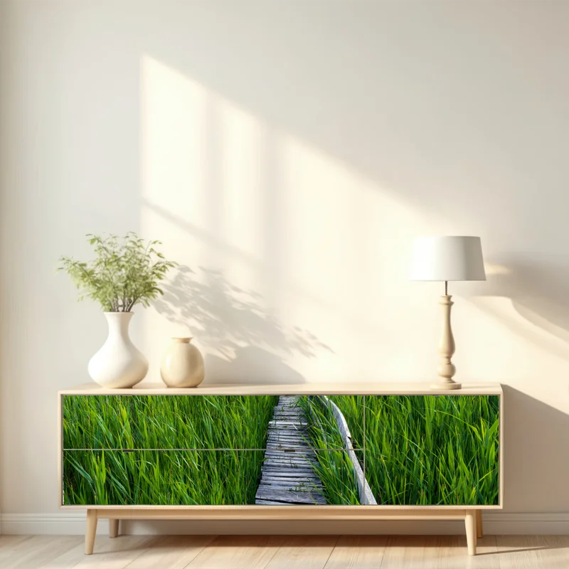Repositionierbarer Aufkleber ruhiger grüner steg durch schilfland zur rustikalen hütte