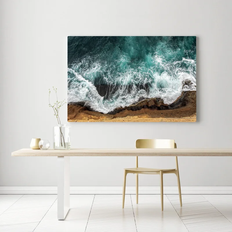 Leinwandbild türkise küste aus der vogelperspektive mit brandenden wellen Leinwandbild türkise küste aus der vogelperspektive mit brandenden wellen