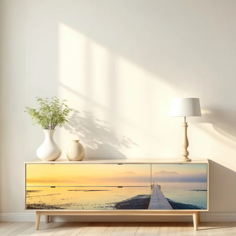 Repositionierbarer Aufkleber nebliger sonnenaufgang über holzsteg