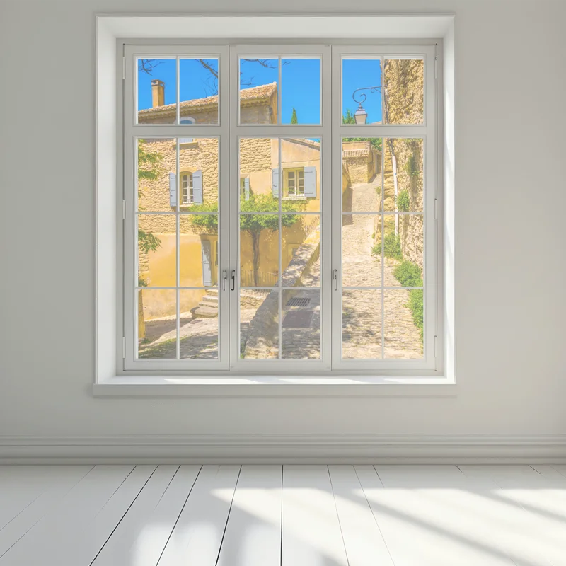 Fensteraufkleber sonnige kopfsteinpflastergasse