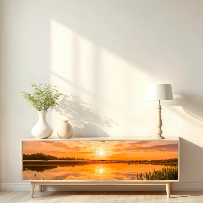 Repositionierbarer Aufkleber goldener sonnenuntergang über idyllischem see