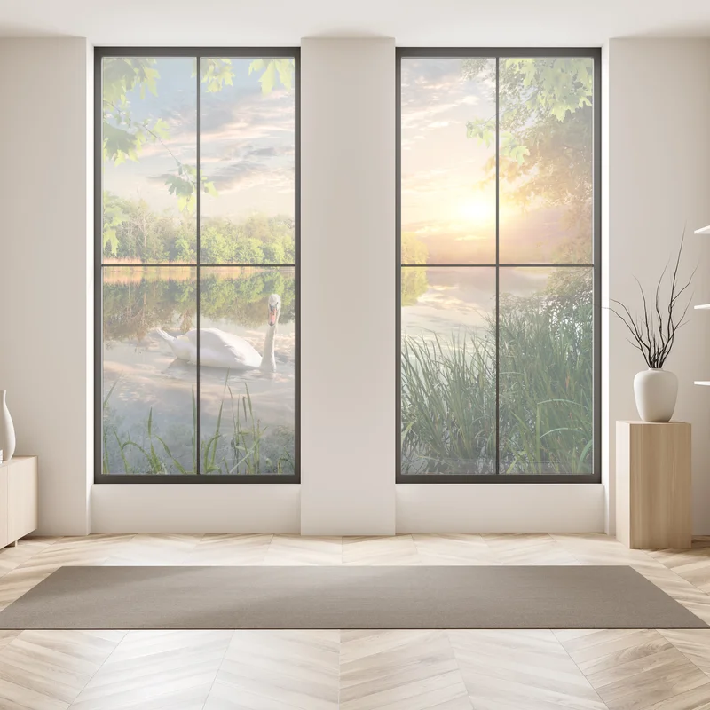 Fensteraufkleber sonnenuntergang mit schwan auf stillem see