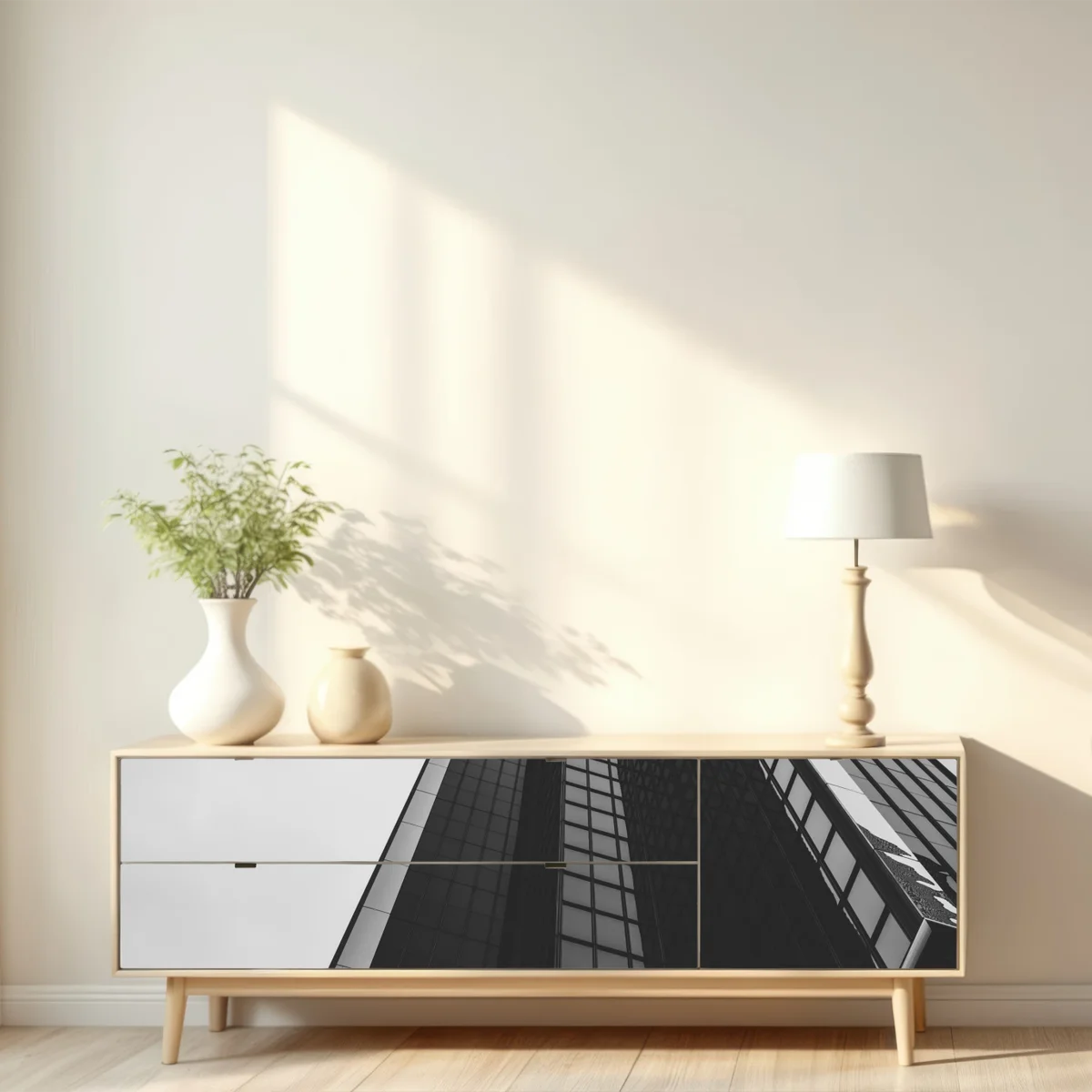 Repositionierbarer Aufkleber monochromer wolkenkratzer in perspektive Repositionierbarer Aufkleber monochromer wolkenkratzer in perspektive