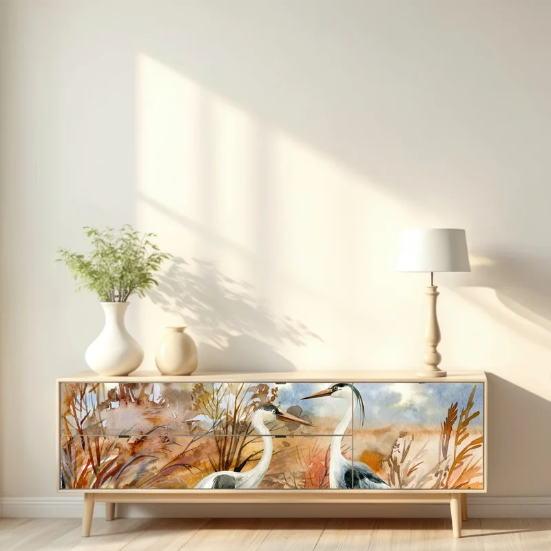 Repositionierbarer Aufkleber zwei reiher im herbstlichen sumpf