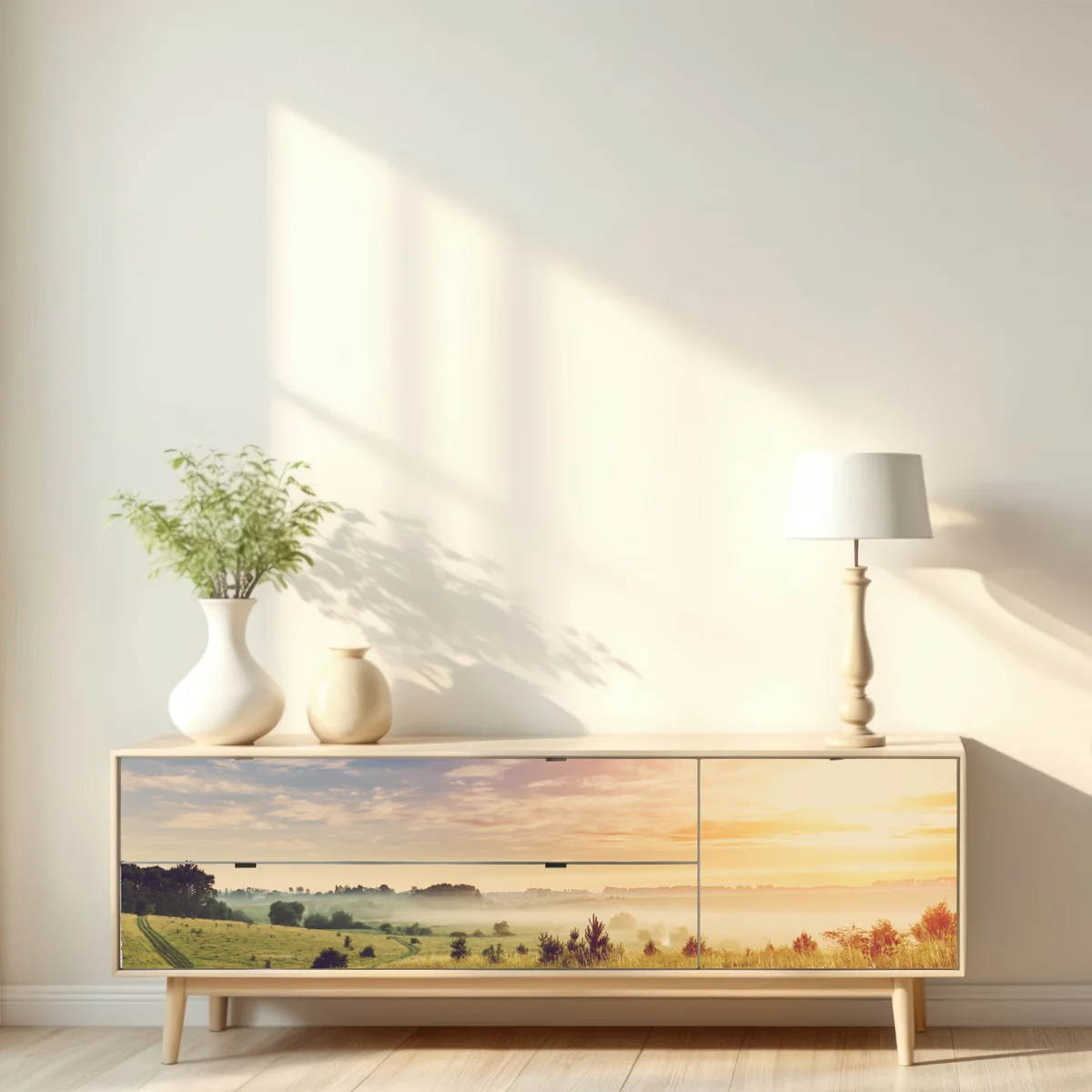 Repositionierbarer Aufkleber nebeliger sonnenaufgang über einer ländlichen wiese Repositionierbarer Aufkleber nebeliger sonnenaufgang über einer ländlichen wiese