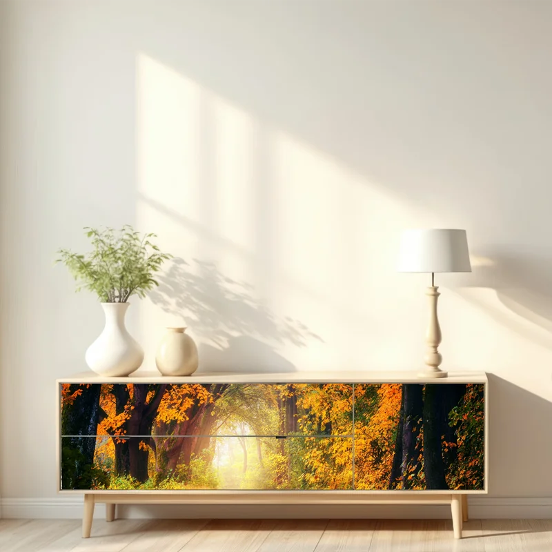 Repositionierbarer Aufkleber herbstlicher waldpfad im goldenen licht Repositionierbarer Aufkleber herbstlicher waldpfad im goldenen licht