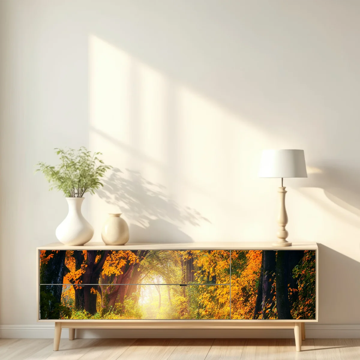 Repositionierbarer Aufkleber herbstlicher waldpfad im goldenen licht Repositionierbarer Aufkleber herbstlicher waldpfad im goldenen licht