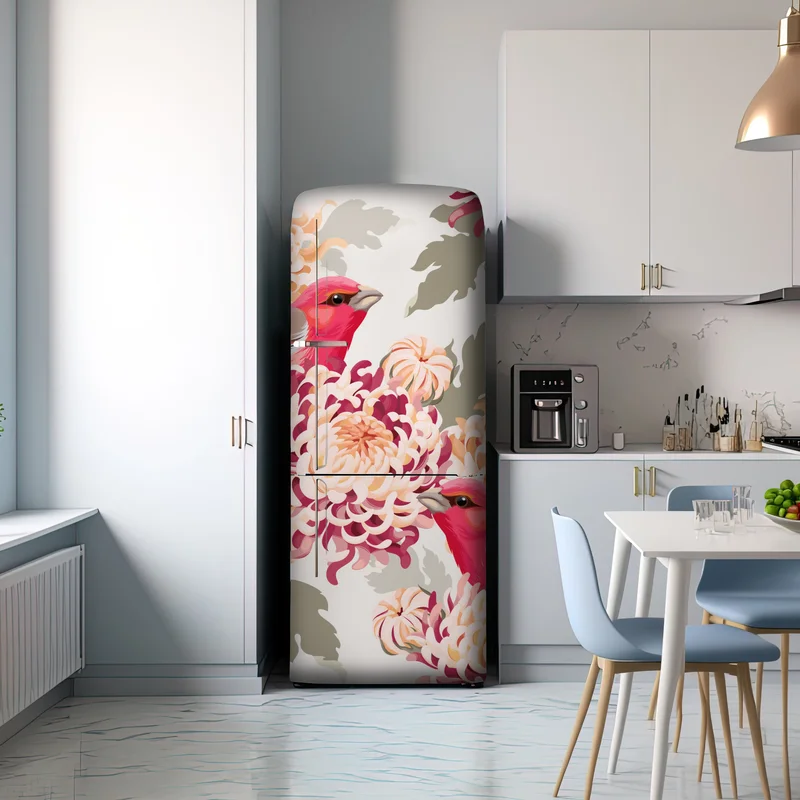 Kühlschrankaufkleber rosa vögel und chryzanthemenmuster Kühlschrankaufkleber rosa vögel und chryzanthemenmuster