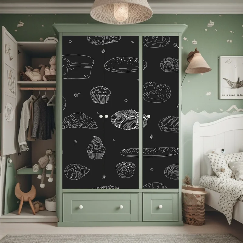 Schrankaufkleber handgezeichnetes gebäckmuster auf dunklem hintergrund Schrankaufkleber handgezeichnetes gebäckmuster auf dunklem hintergrund