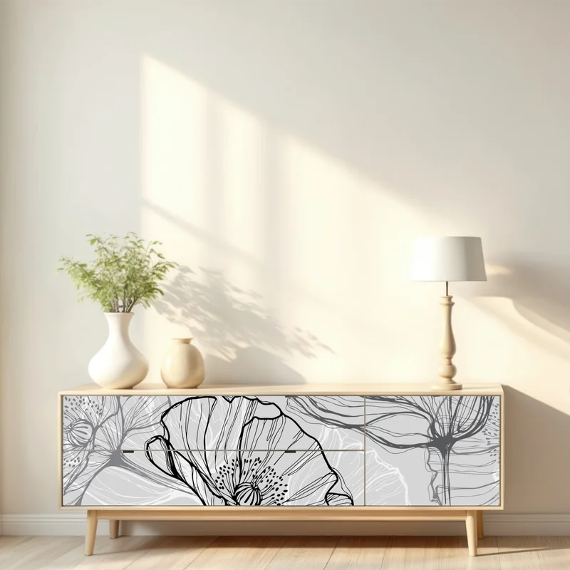 Repositionierbarer Aufkleber zarter grauer mohn in linienzeichnung