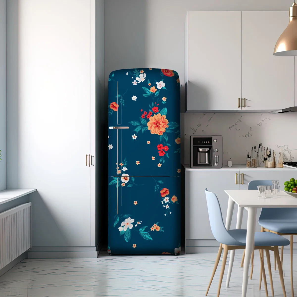 Kühlschrankaufkleber zartes verstreutes blumenmuster auf tiefem türkis Kühlschrankaufkleber zartes verstreutes blumenmuster auf tiefem türkis