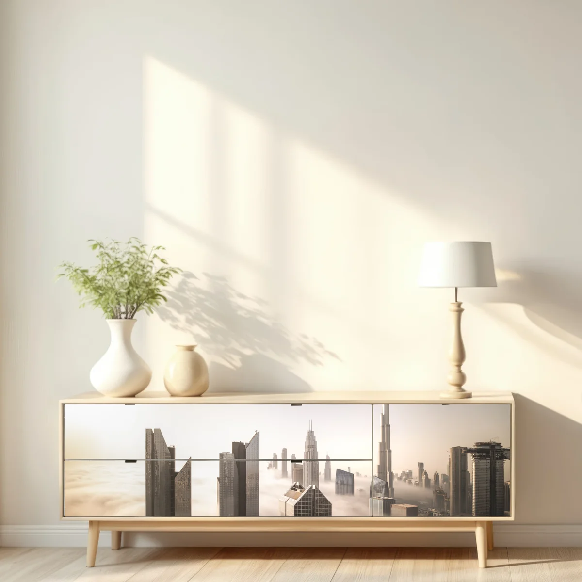 Repositionierbarer Aufkleber neblige Dubai skyline über den wolken Repositionierbarer Aufkleber neblige Dubai skyline über den wolken