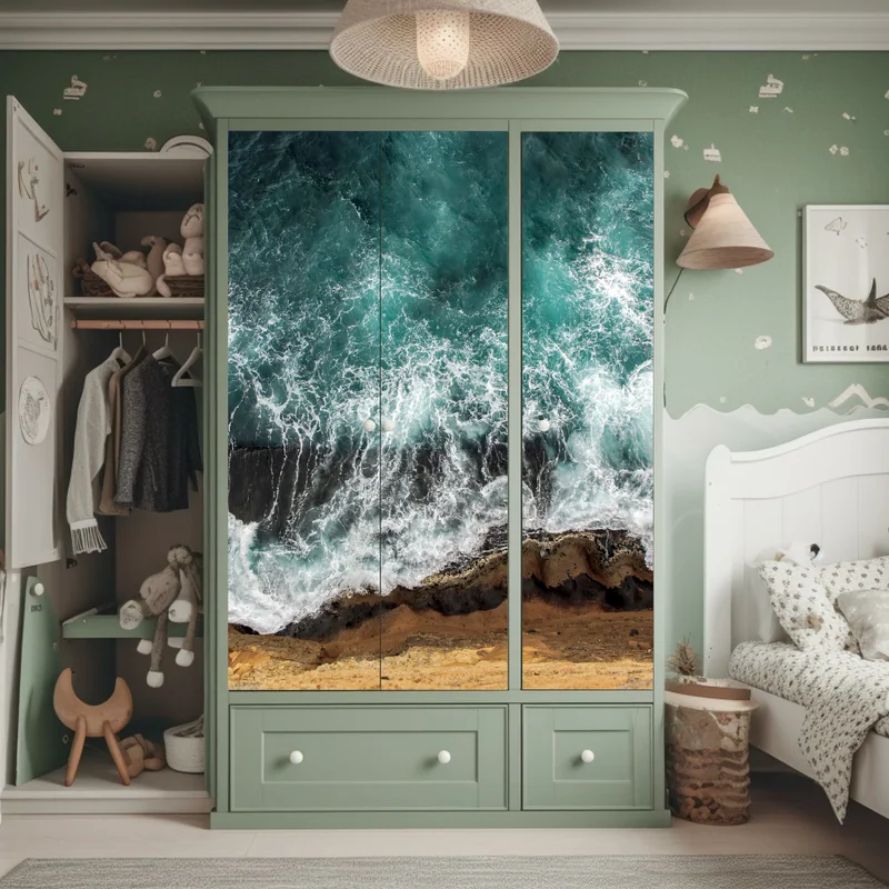 Schrankaufkleber türkise küste aus der vogelperspektive mit brandenden wellen