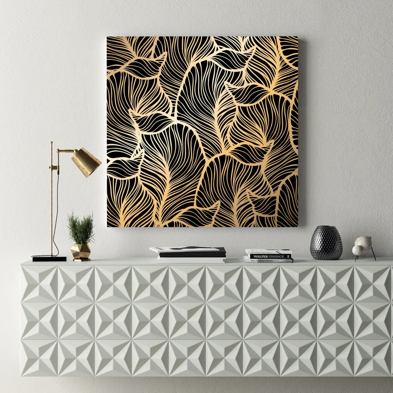 Leinwandbild goldenes blattmuster auf schwarzem hintergrund Leinwandbild goldenes blattmuster auf schwarzem hintergrund
