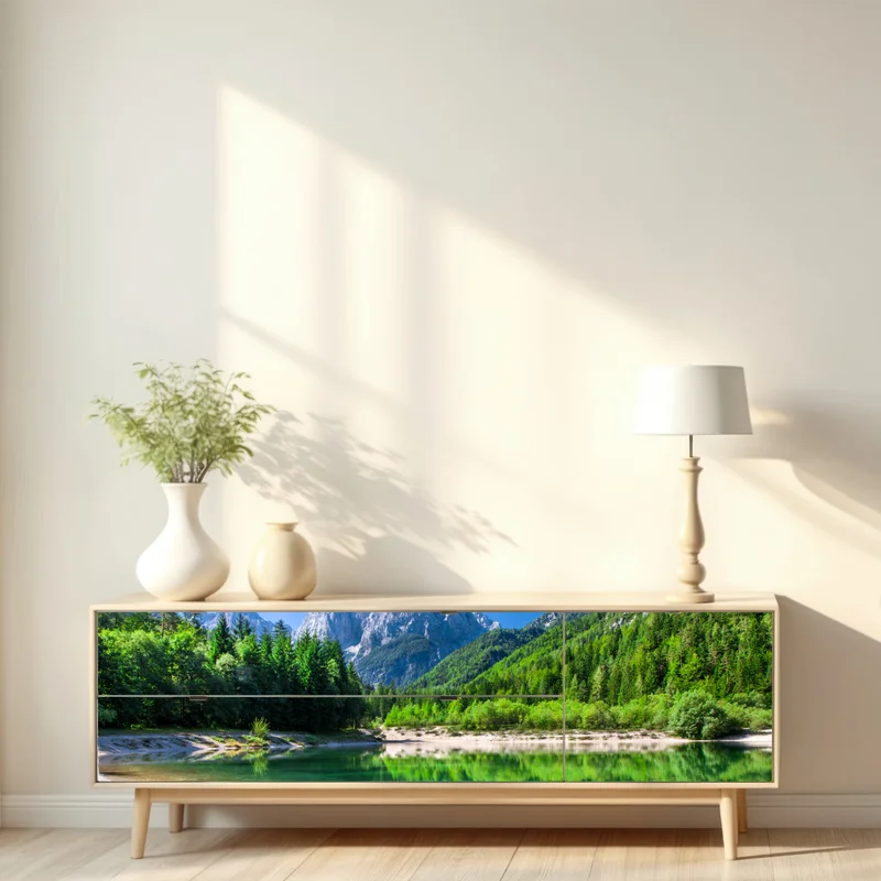 Repositionierbarer Aufkleber alpiner see mit spiegelung in grünen bergen