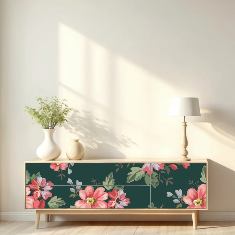 Repositionierbarer Aufkleber vintage rosa blumenmuster auf tiefgrün