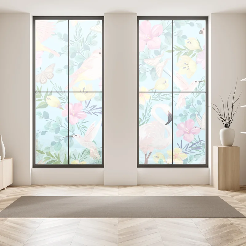 Fensteraufkleber pastell tropisches vögel- und blumenmuster Fensteraufkleber pastell tropisches vögel- und blumenmuster