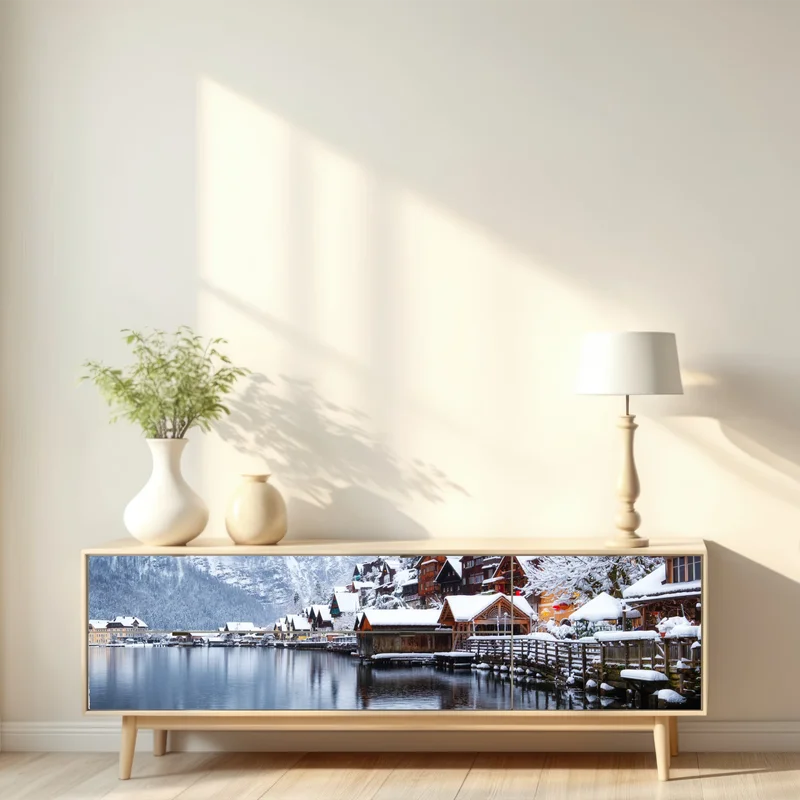 Repositionierbarer Aufkleber verschneites Hallstatt am see