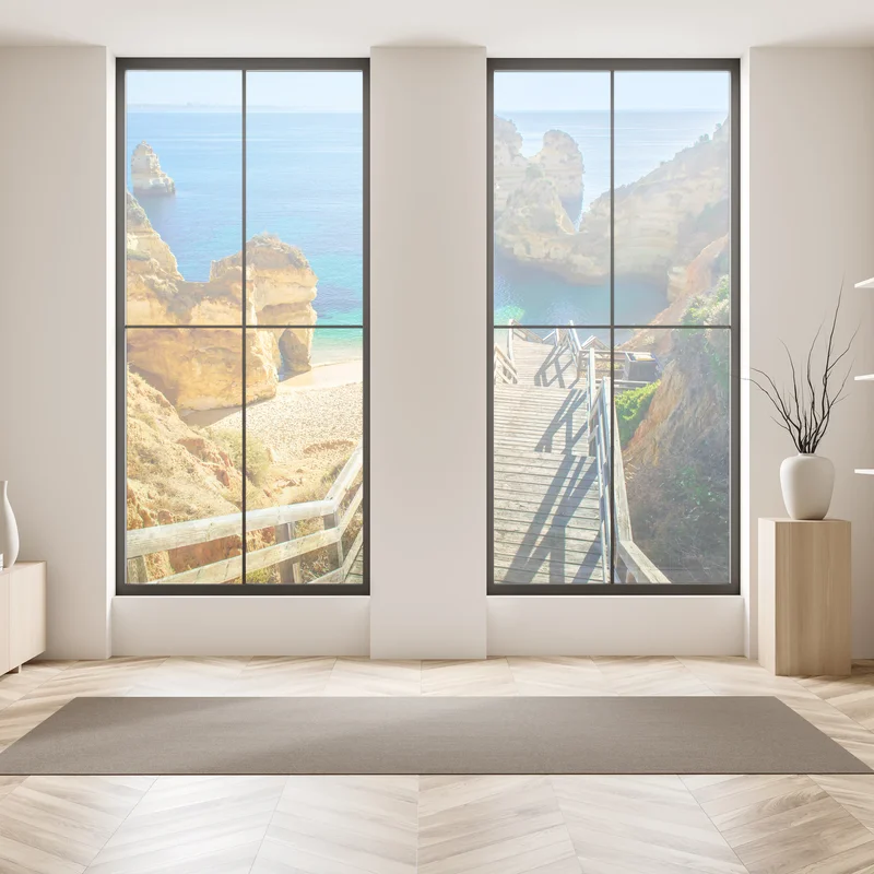 Fensteraufkleber sonnige treppe zur türkisfarbenen bucht Fensteraufkleber sonnige treppe zur türkisfarbenen bucht