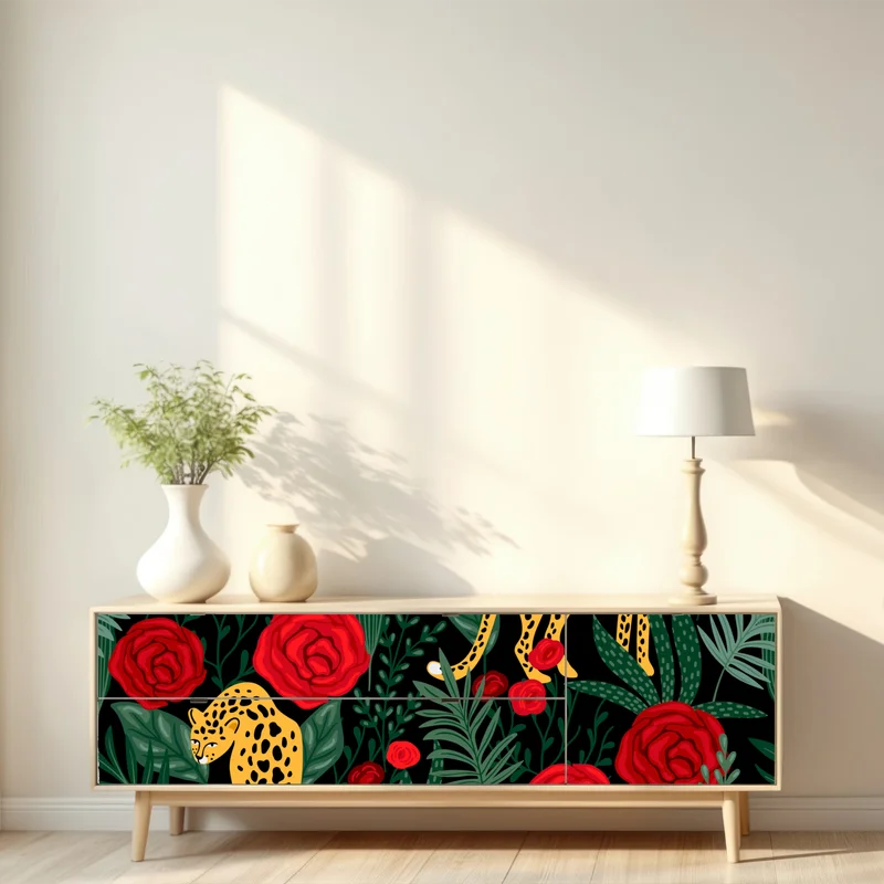 Repositionierbarer Aufkleber exotisches muster mit leoparden und rosen Repositionierbarer Aufkleber exotisches muster mit leoparden und rosen