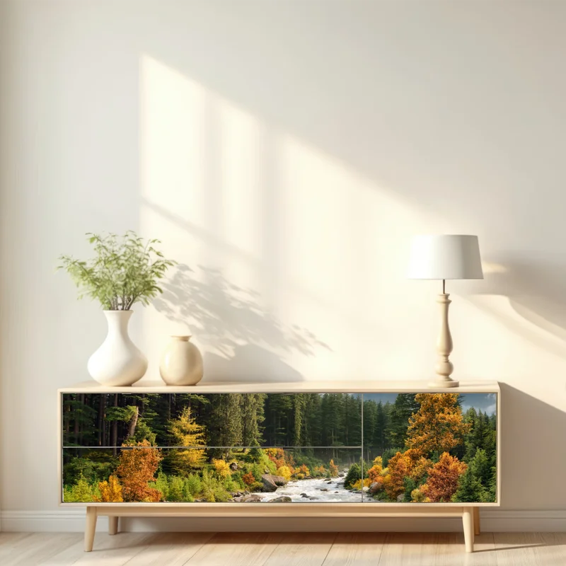 Repositionierbarer Aufkleber herbstliche berglandschaft mit fluss