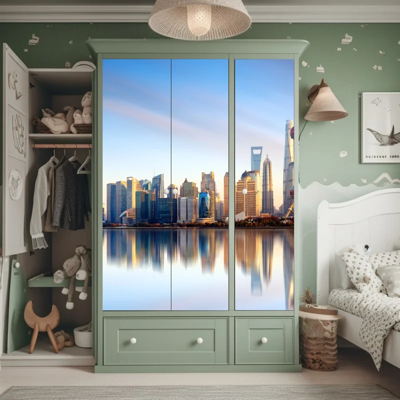 Schrankaufkleber Shanghai skyline spiegelung bei sonnenaufgang