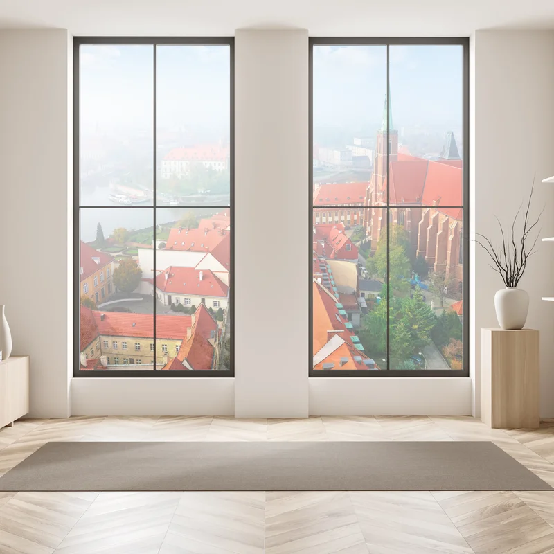 Fensteraufkleber neblige europäische stadtszene mit roten dächern Fensteraufkleber neblige europäische stadtszene mit roten dächern