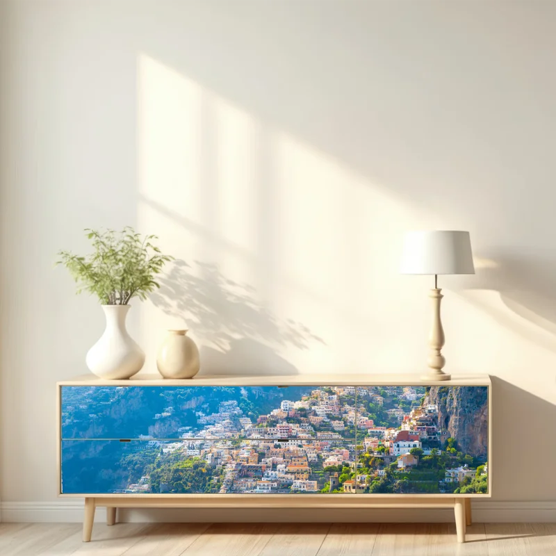 Repositionierbarer Aufkleber Positano: buntes küstendorf an der Amalfiküste