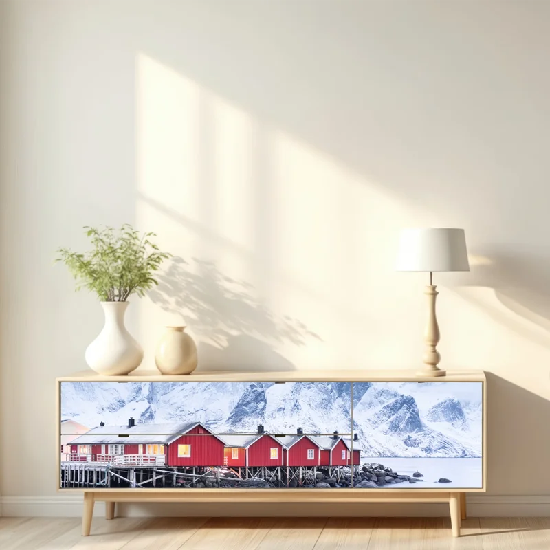 Repositionierbarer Aufkleber sonnenaufgang über den roten hütten der Lofoten