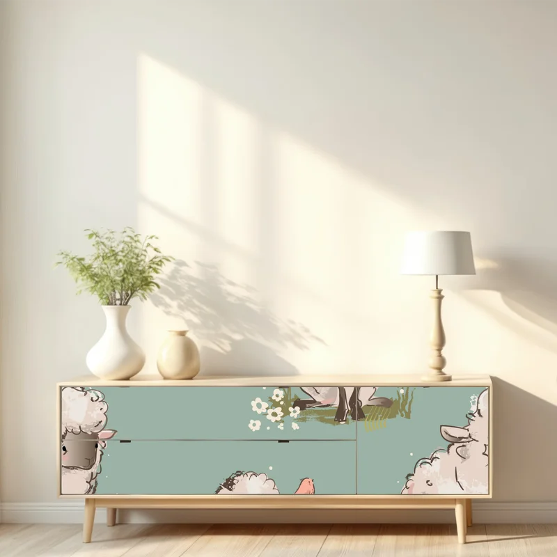 Repositionierbarer Aufkleber niedliche lämmer auf türkisfarbenem hintergrund