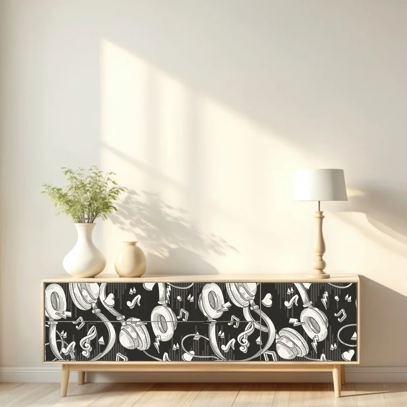 Repositionierbarer Aufkleber monochromatisches muster mit kopfhörern und noten