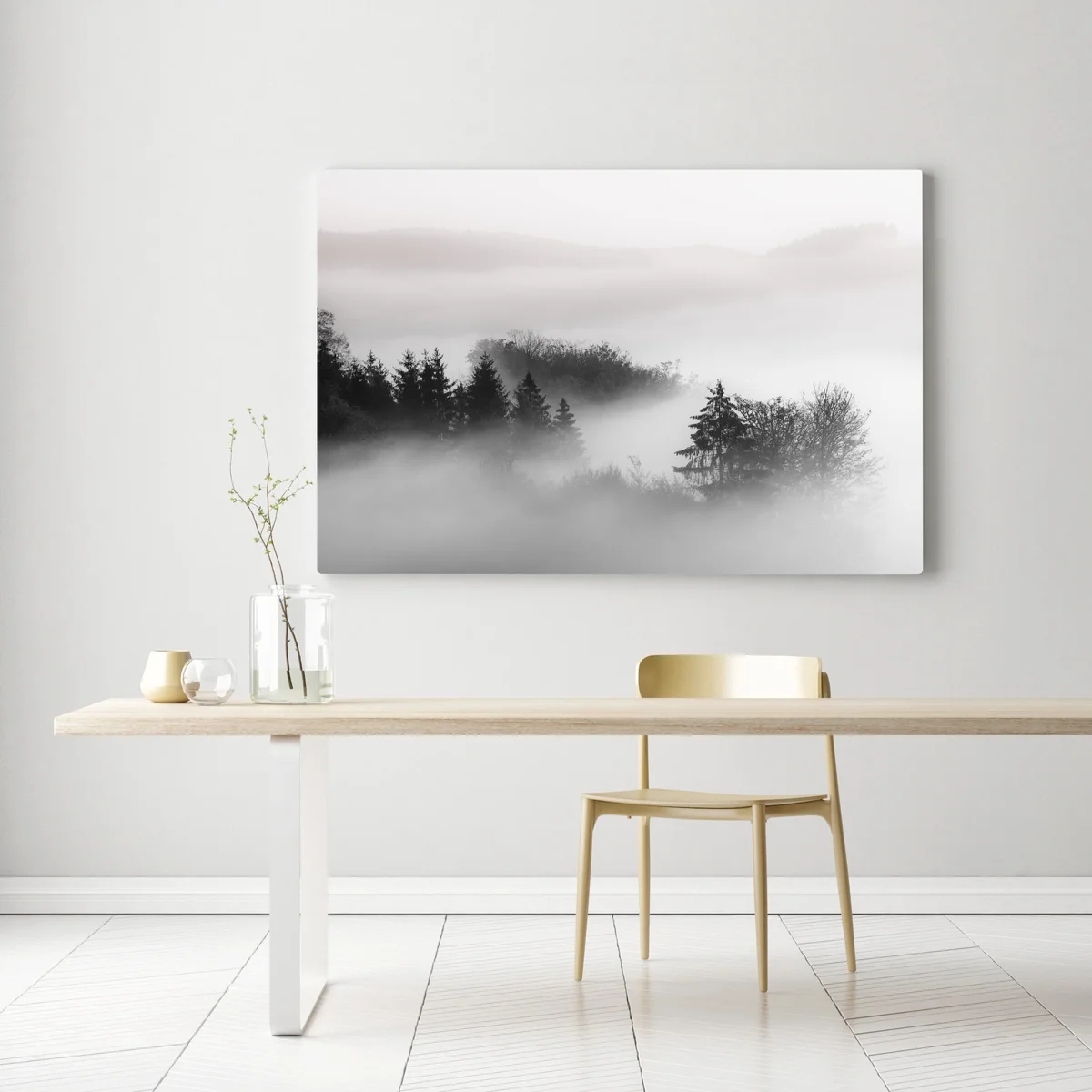 Leinwandbild nebliger wald in grautönen Leinwandbild nebliger wald in grautönen