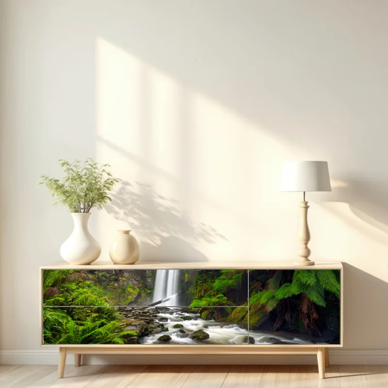 Repositionierbarer Aufkleber üppiger wasserfall im farnwald Repositionierbarer Aufkleber üppiger wasserfall im farnwald
