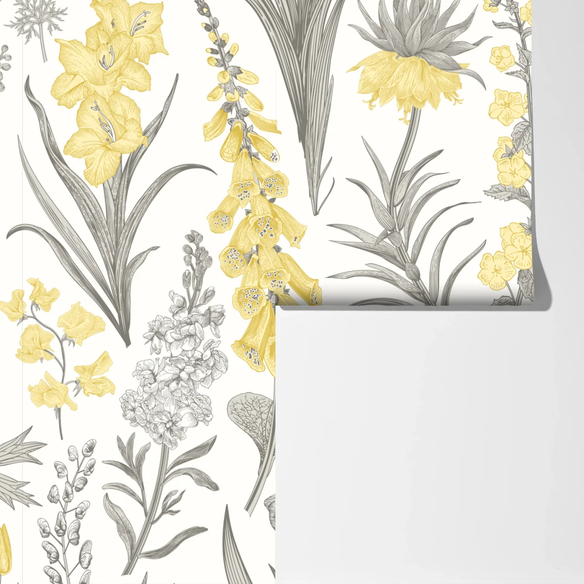 Fototapete vintage botanisches blumenmuster in gelb und grau Fototapete vintage botanisches blumenmuster in gelb und grau